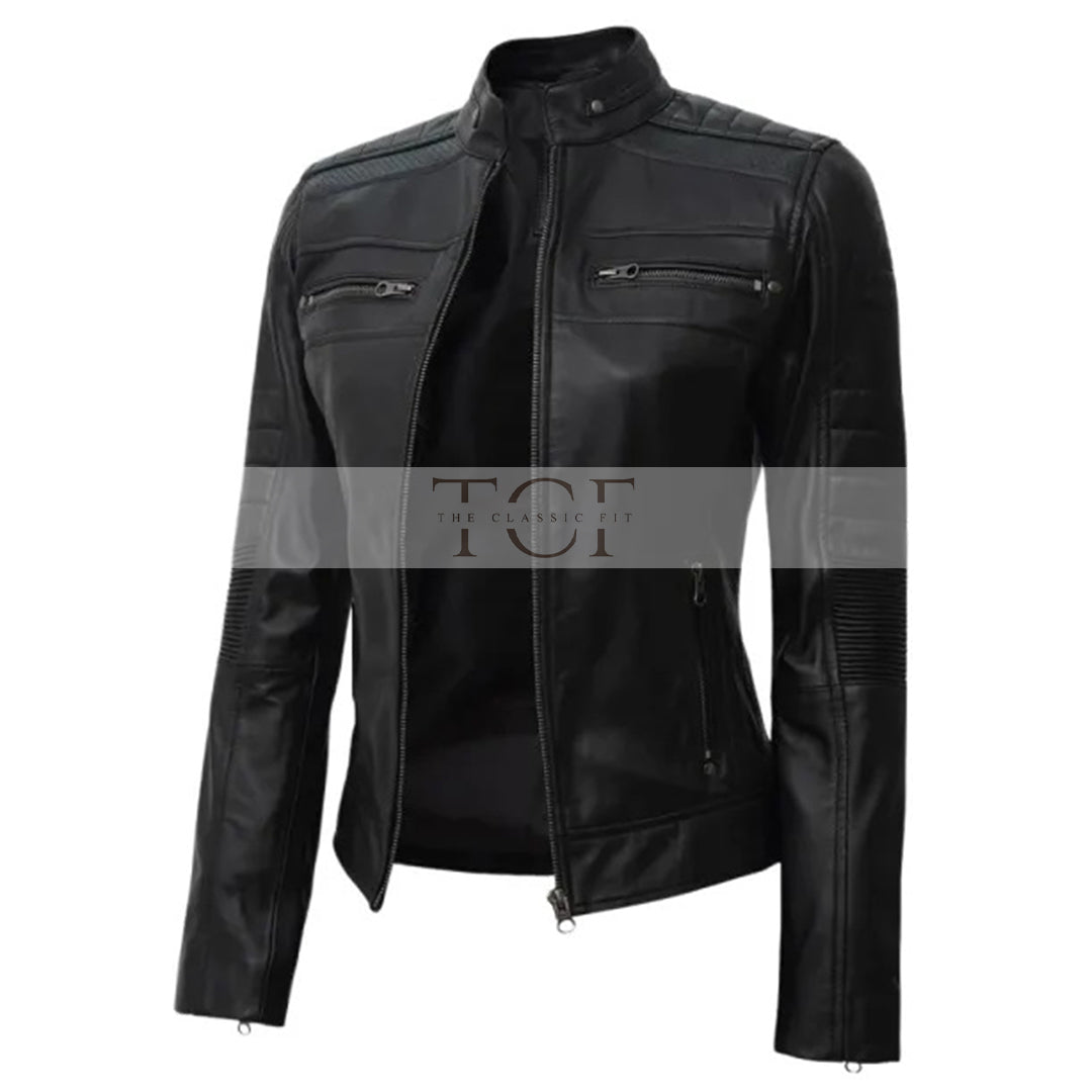 Women's Leather Cafe Racer Biker Jacket with Stand Collar, Padded Shoulders & Sleeves | Black
