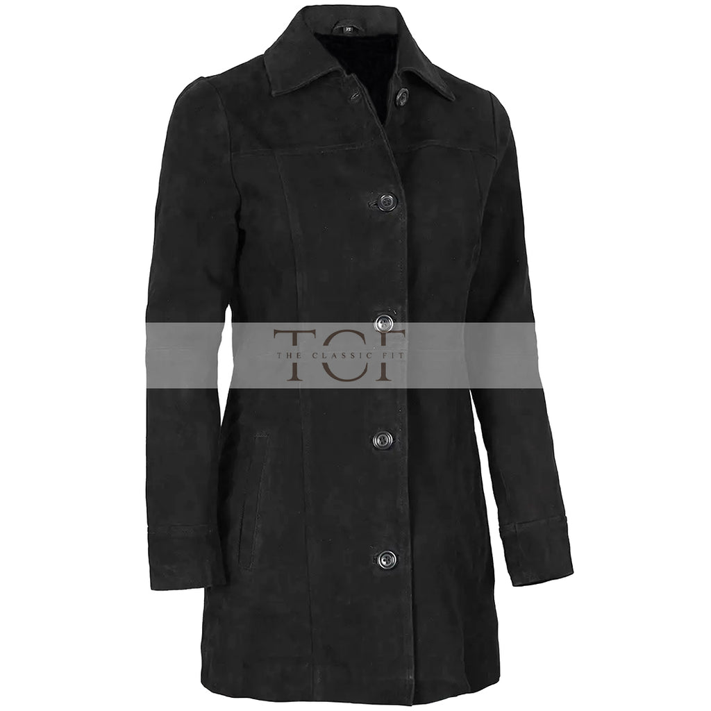 Women's Suede Leather Trench Coat Front Button | Black
