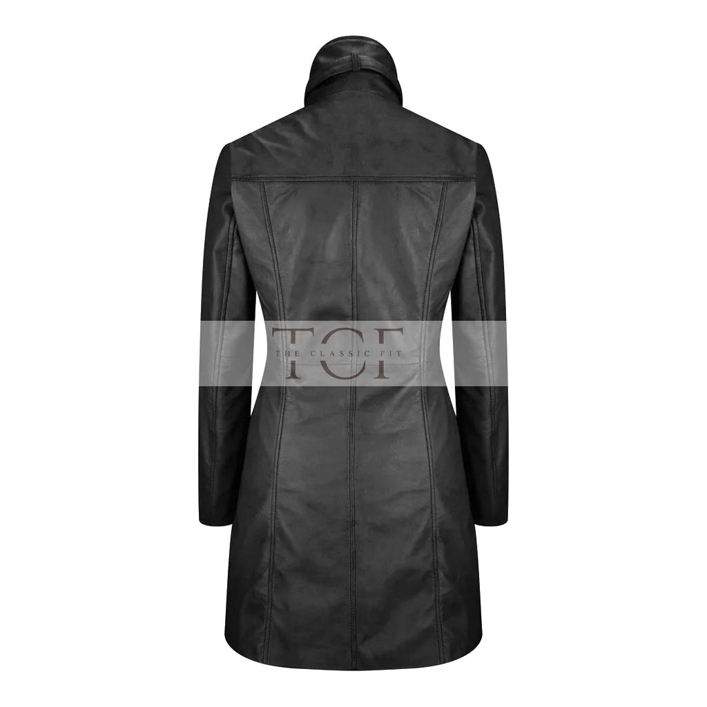 Women's Long Leather Coat, High Neck, Multiple Pockets, Full Zip Front | Black