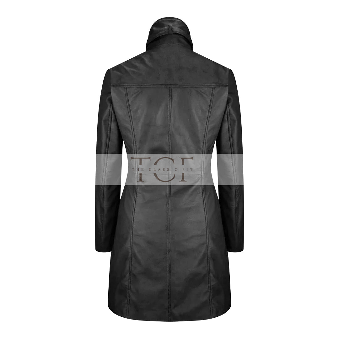 Women's Long Leather Coat, High Neck, Multiple Pockets, Full Zip Front | Black