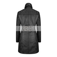 Women's Long Leather Coat, High Neck, Multiple Pockets, Full Zip Front | Black