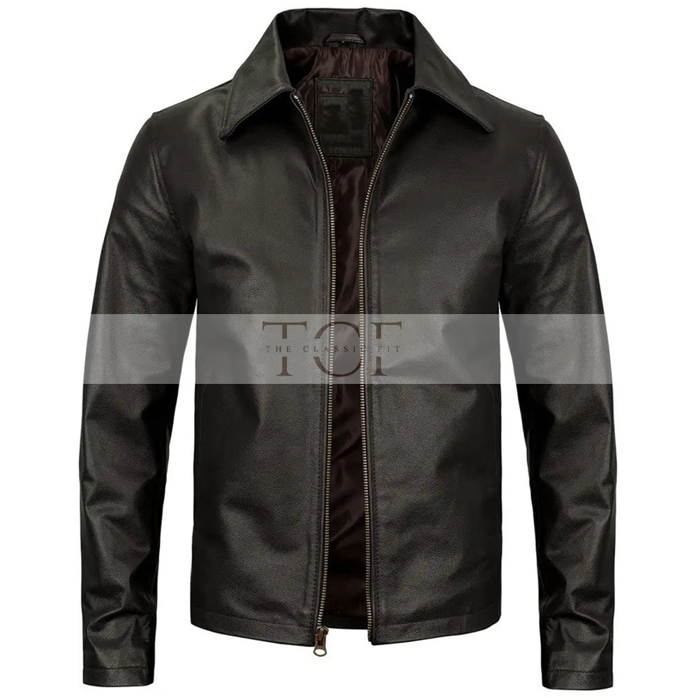Men's Vintage Harrington Leather Jacket with Shirt Collar | Black