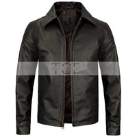 Men's Vintage Harrington Leather Jacket with Shirt Collar | Black
