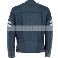 Men's Leather Motorcycle Jacket with Quilted Shoulder & White Stripes | Blue & Black