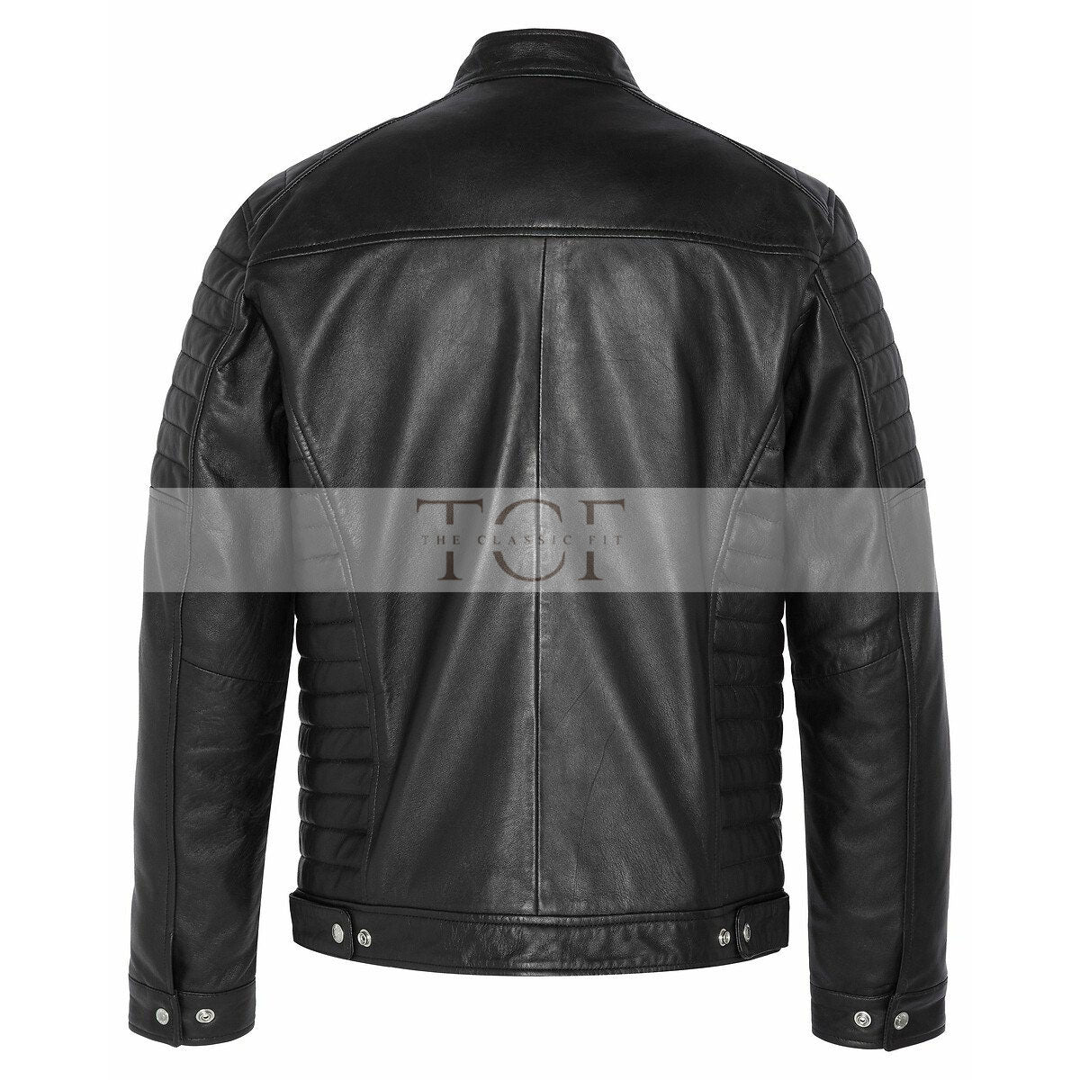Men's  Leather Jacket with Zippers and Quilted Shoulder | Black
