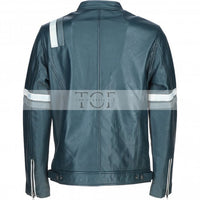 Men's Motorcycle Leather Jacket Gray & White Stripes | Blue & Black