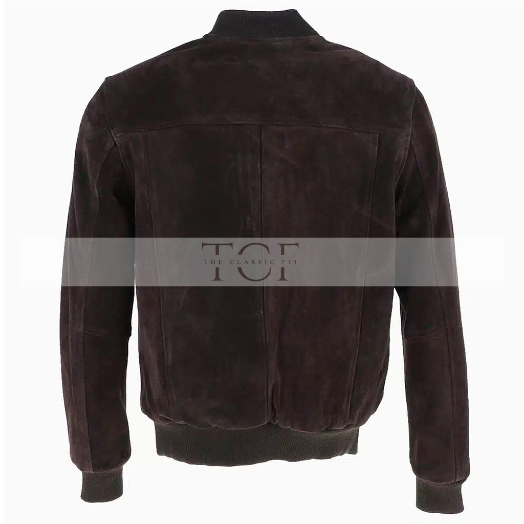 Men's Suede Bomber Jacket  Leather, Full Zip Front with Chest Pocket | Brown