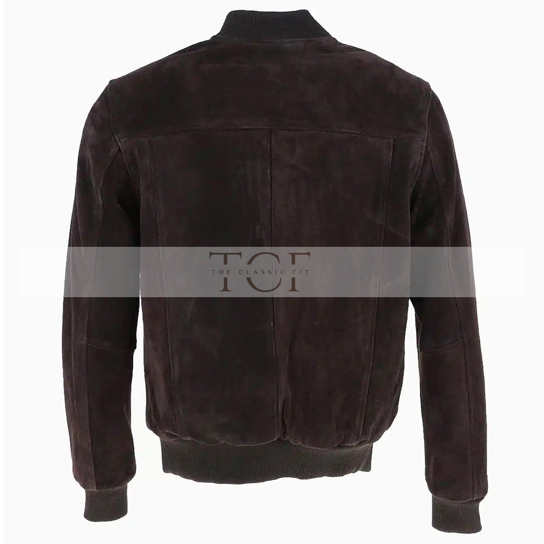 Men's Suede Bomber Jacket  Leather, Full Zip Front with Chest Pocket | Brown