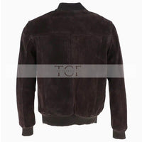 Men's Suede Bomber Jacket  Leather, Full Zip Front with Chest Pocket | Brown