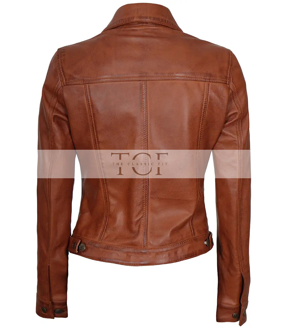 Women's Leather Harrington Moto Trucker Jacket | Brown