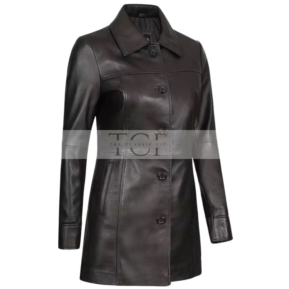 Women's Genuine Lambskin Leather Coat, 3/4 Length | Black