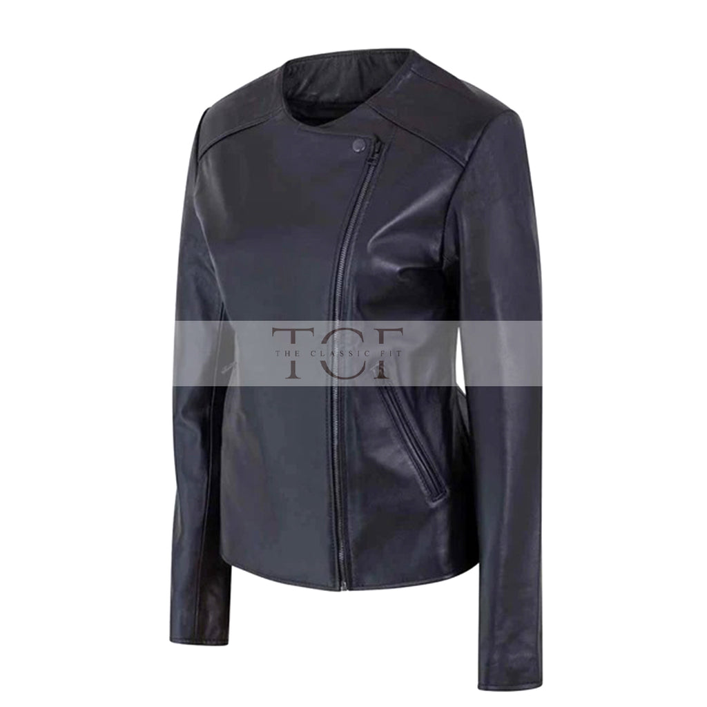 Women's Motorcycle Jacket Zip Front with Lapel Collar | Black