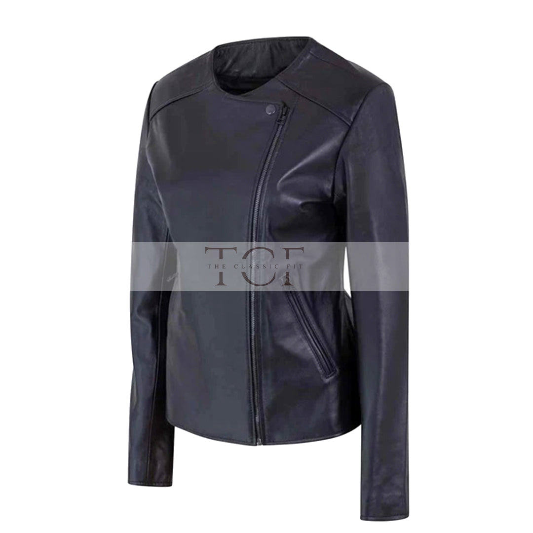Women's Motorcycle Jacket Zip Front with Lapel Collar | Black