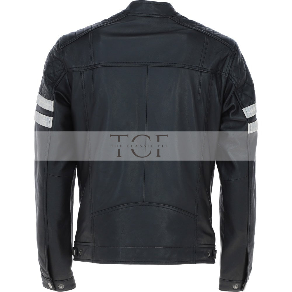 Men's Leather Motorcycle Jacket with Quilted Shoulder & White Stripes | Blue & Black