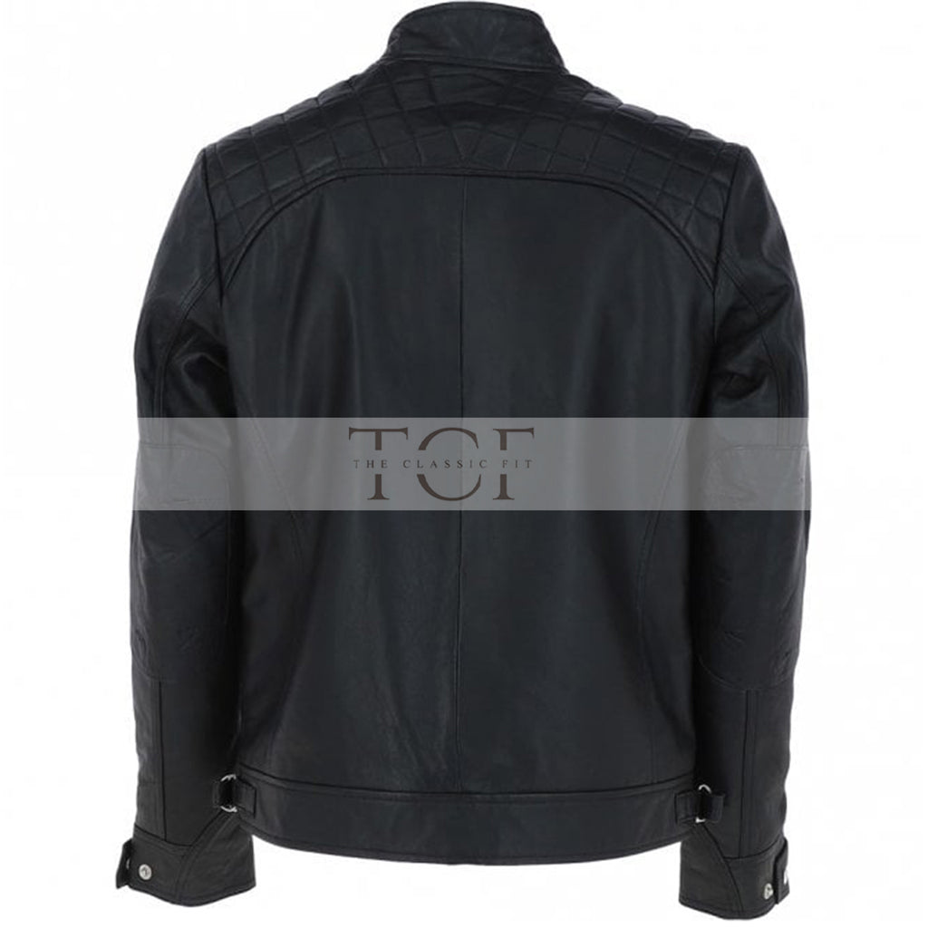 Men's Motorcycle Leather Jacket, Multiple Zippered Pockets | Black
