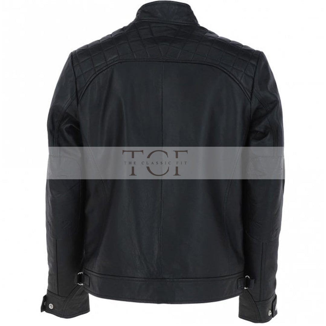 Men's Motorcycle Leather Jacket, Multiple Zippered Pockets | Black