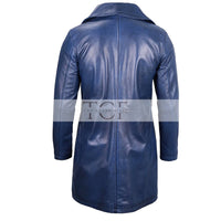 Men's  3/4 Length Trench Leather Coat | Navy Blue
