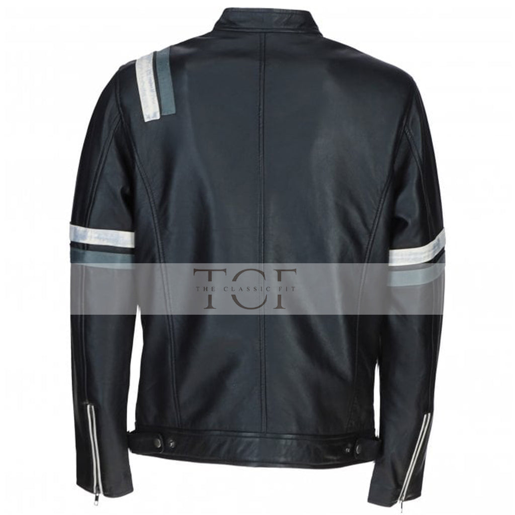 Men's Motorcycle Leather Jacket Gray & White Stripes | Blue & Black