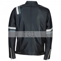 Men's Motorcycle Leather Jacket Gray & White Stripes | Blue & Black