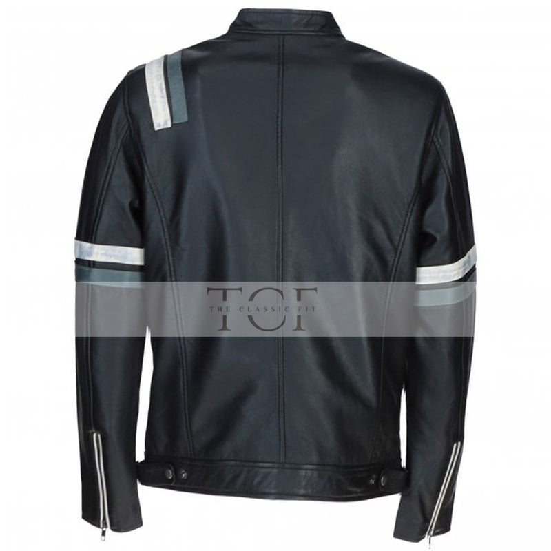 Men's Motorcycle Leather Jacket Gray & White Stripes | Blue & Black