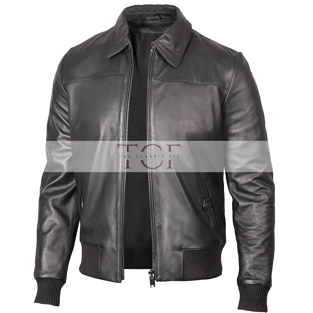 Men's Bomber Leather Jacket  Ribbed Collar & Cuff | Black