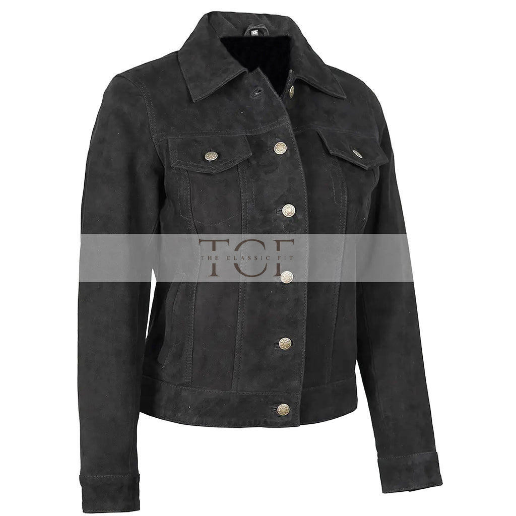 Women's Suede Trucker Leather Jacket | Black