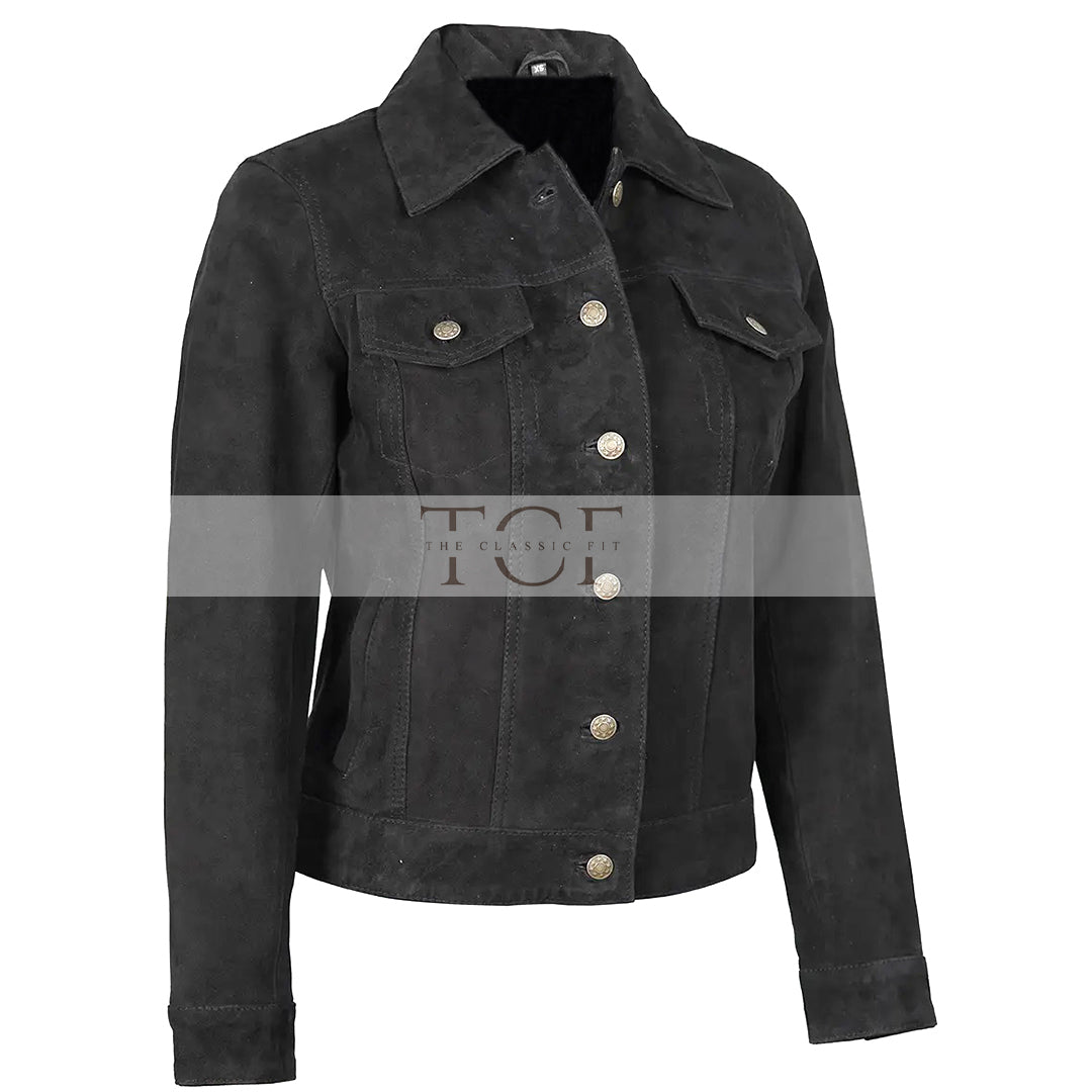 Women's Suede Trucker Leather Jacket | Black