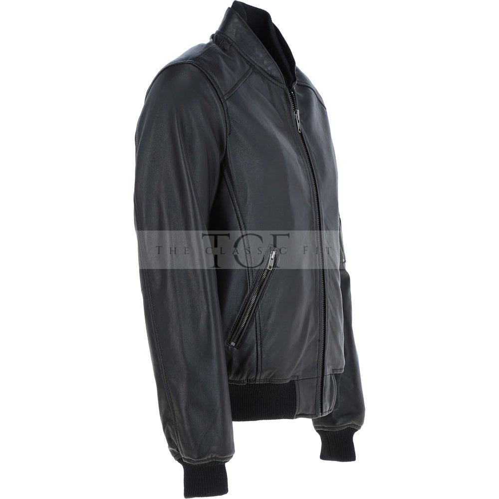 Men's Leather Bomber Jacket, Zip Front, Multiple Pockets | Black