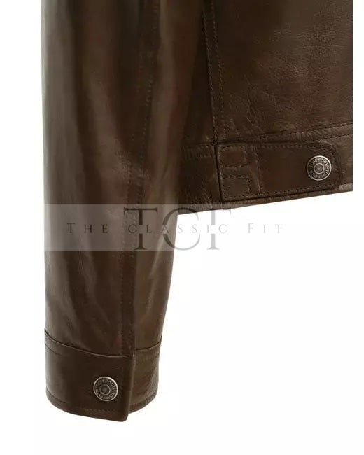 Men's Shiny Leather Jacket with Shearling Collar | Shiny Brown