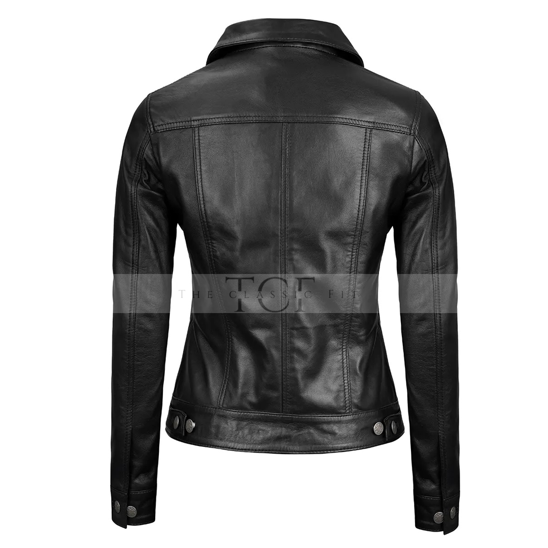 Women's Real Leather Cafe Racer Style Jacket | Black