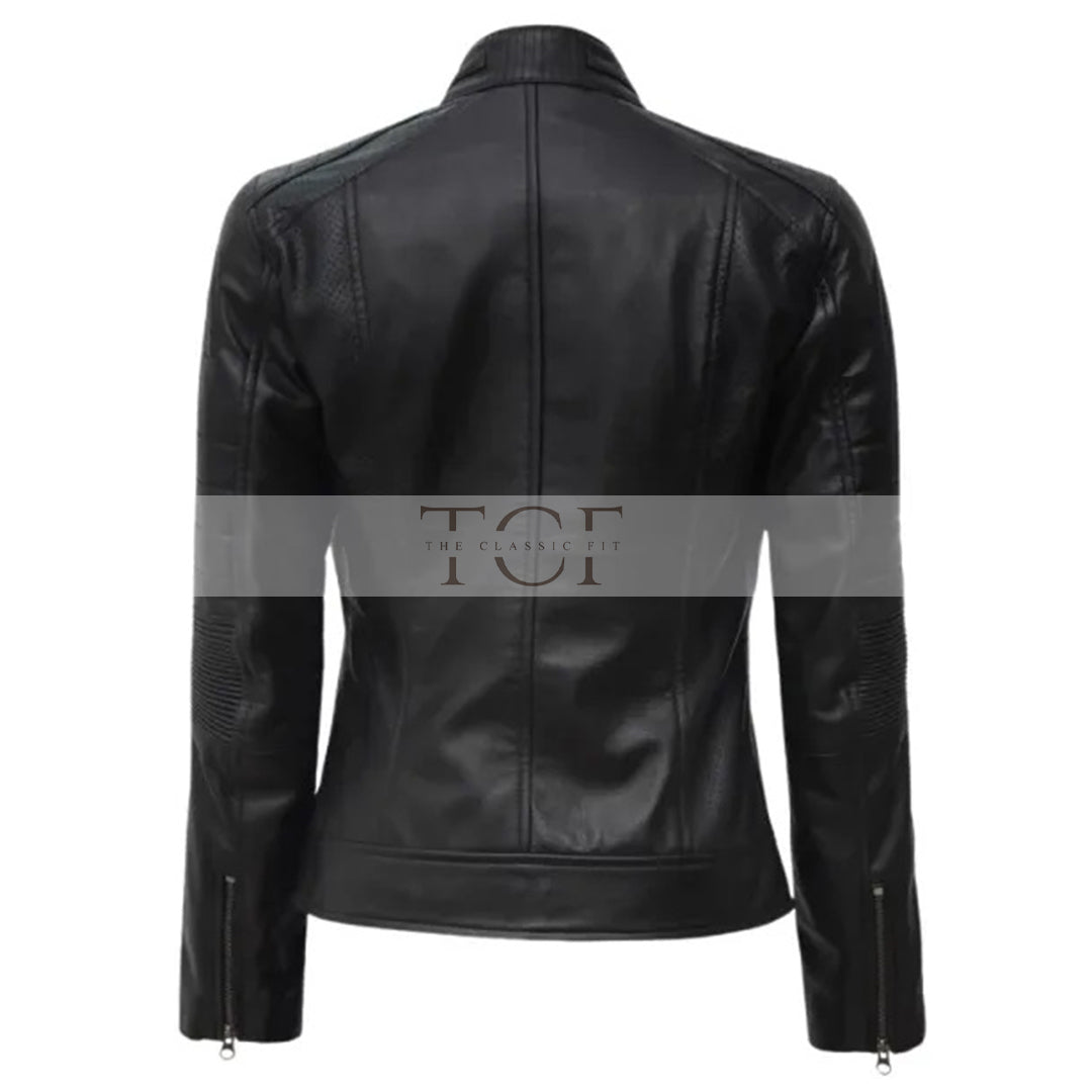 Women's Leather Cafe Racer Biker Jacket with Stand Collar, Padded Shoulders & Sleeves | Black