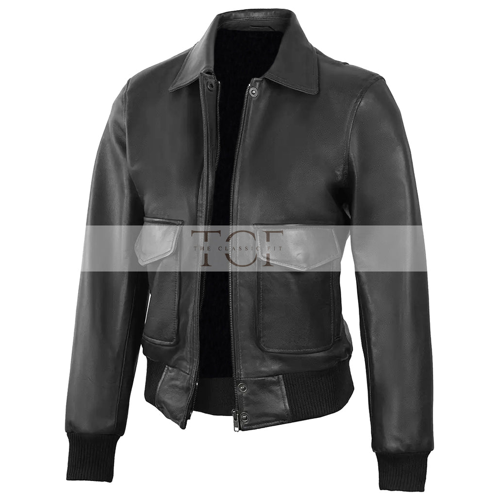 Women's Classic Leather Shirt Collar Bomber Jacket, Zip Front, Ribbed Trim | Black