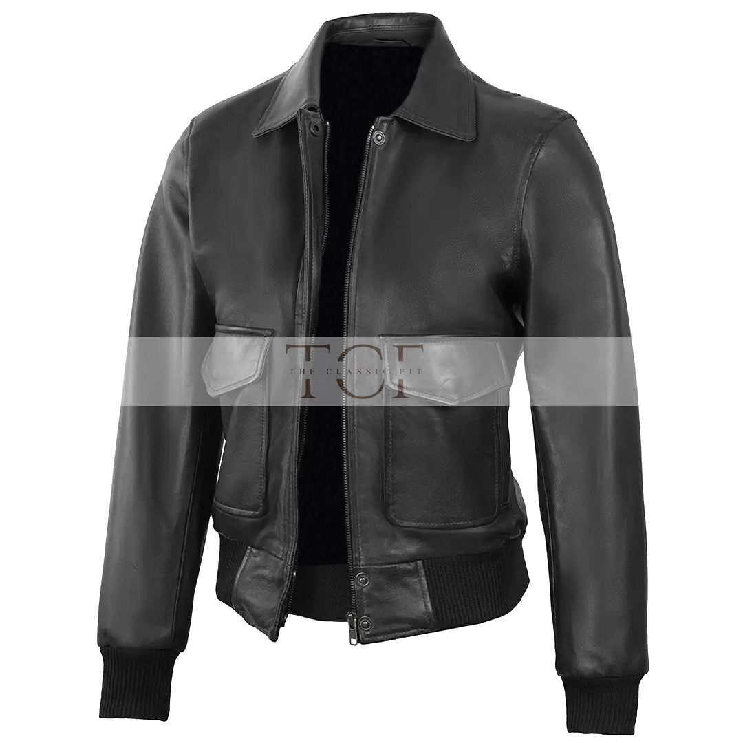 Women's Classic Leather Shirt Collar Bomber Jacket, Zip Front, Ribbed Trim | Black