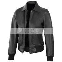 Women's Classic Leather Shirt Collar Bomber Jacket, Zip Front, Ribbed Trim | Black