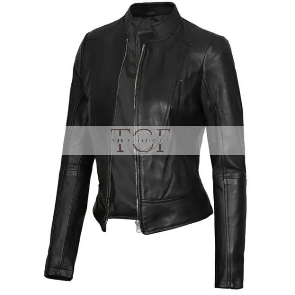 Women's Cafe Racer Motorcycle Leather Jacket, Stand Collar, Front Zipper | Black