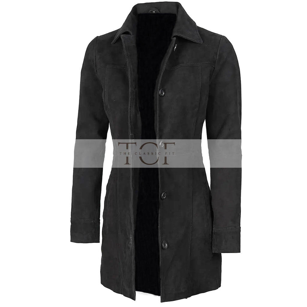 Women's Suede Leather Trench Coat Front Button | Black