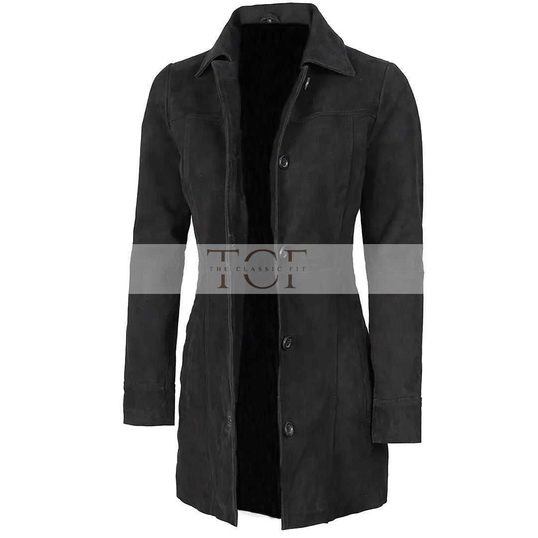 Women's Suede Leather Trench Coat Front Button | Black