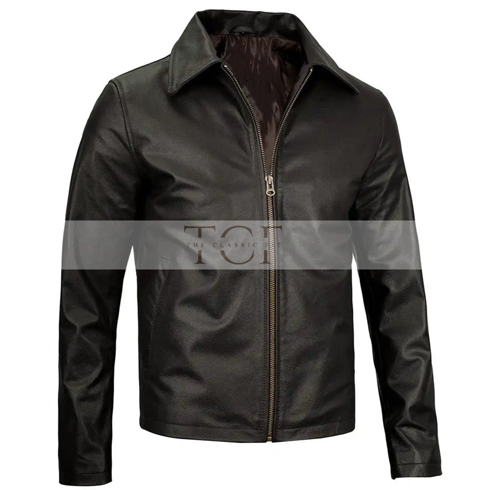 Men's Vintage Harrington Leather Jacket with Shirt Collar | Black