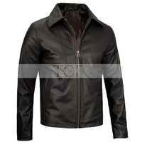 Men's Vintage Harrington Leather Jacket with Shirt Collar | Black