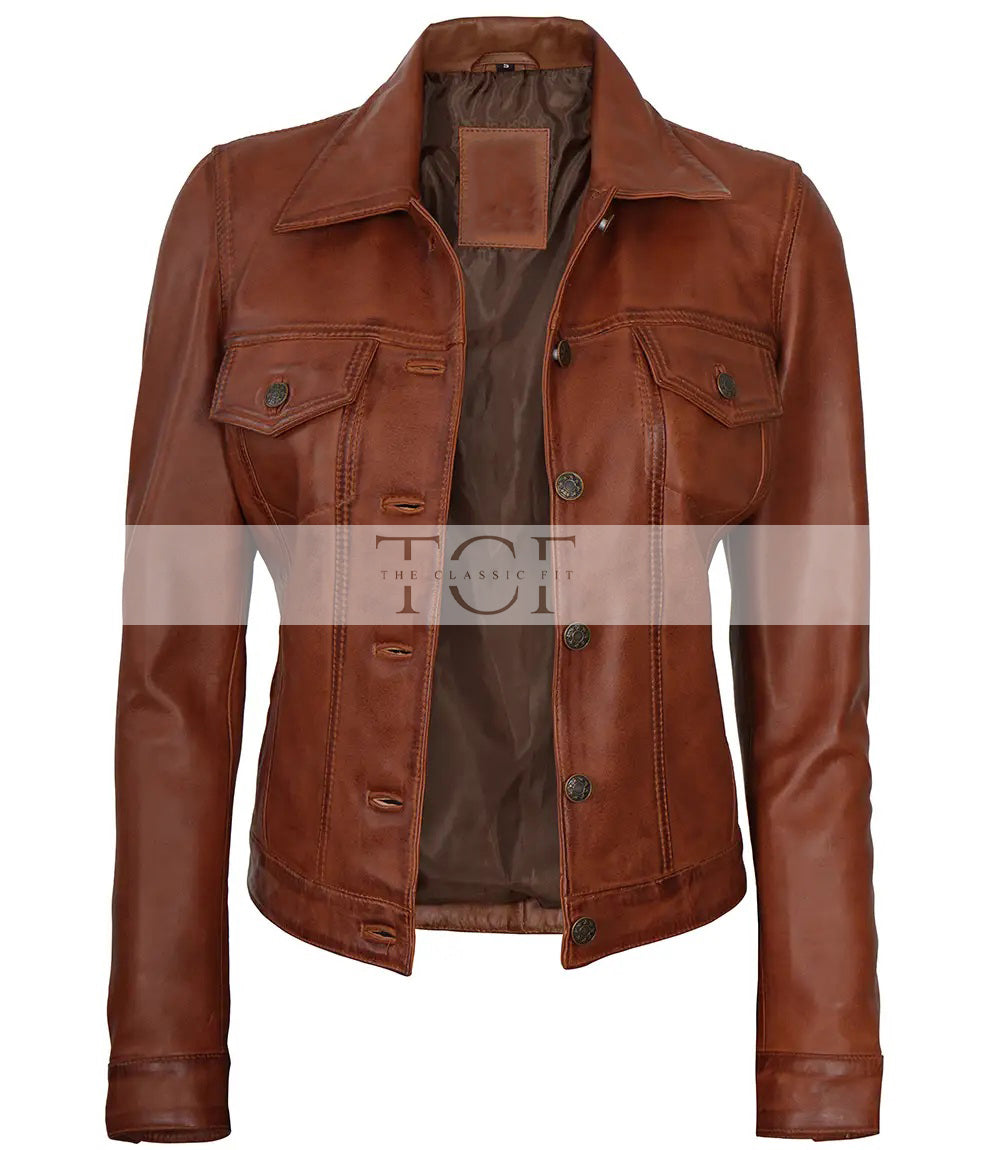 Women's Leather Harrington Moto Trucker Jacket | Brown