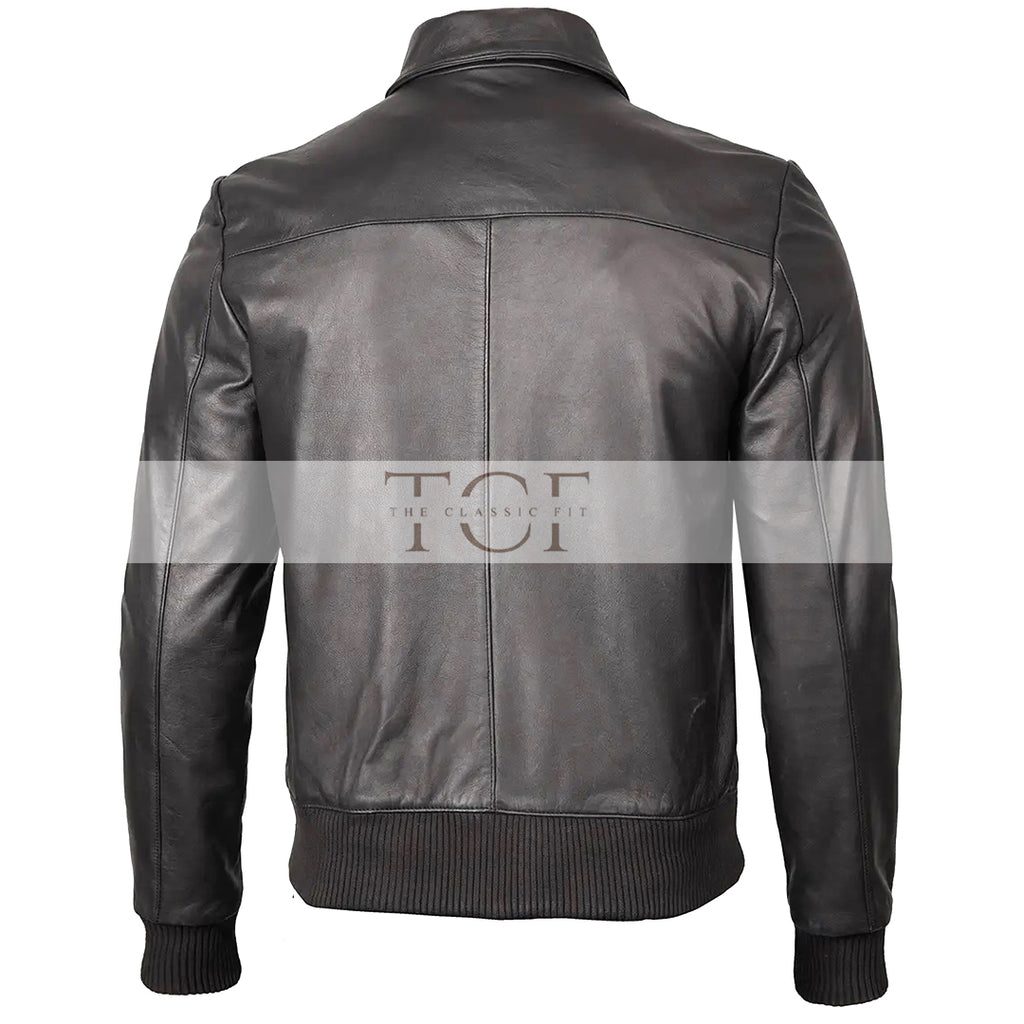 Men's Bomber Leather Jacket  Ribbed Collar & Cuff | Black