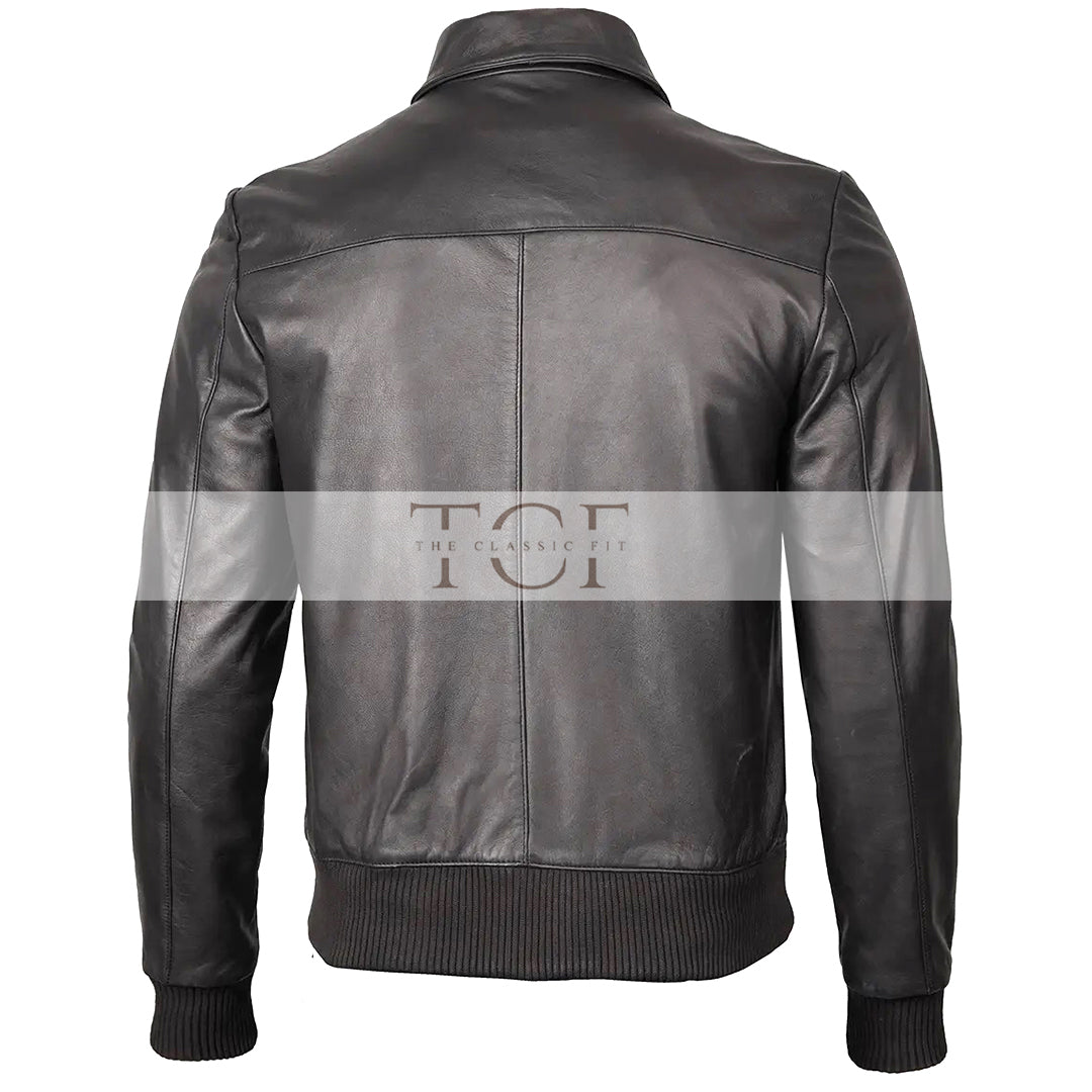 Men's Bomber Leather Jacket  Ribbed Collar & Cuff | Black