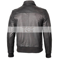Men's Bomber Leather Jacket  Ribbed Collar & Cuff | Black