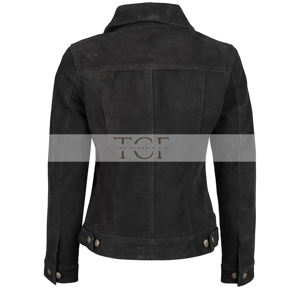 Women's Suede Trucker Leather Jacket | Black