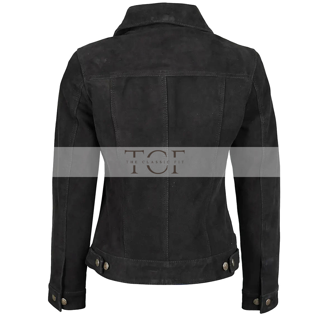 Women's Suede Trucker Leather Jacket | Black