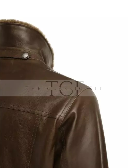 Men's Shiny Leather Jacket with Shearling Collar | Shiny Brown
