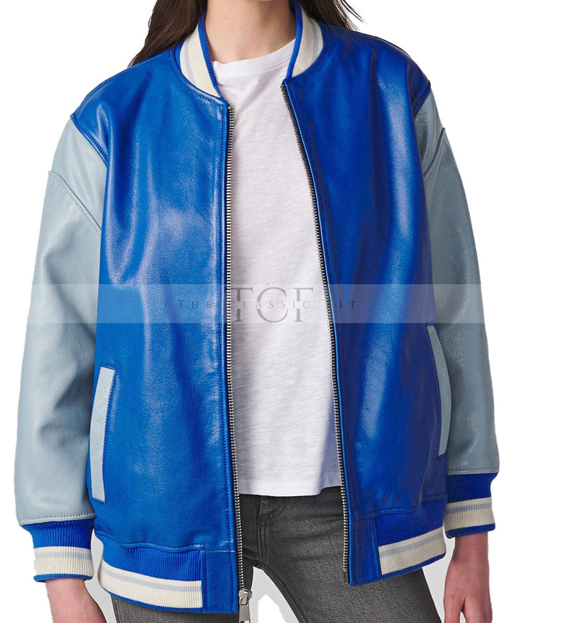 Women's Varsity Leather Suede Bomber Jacket | Blue