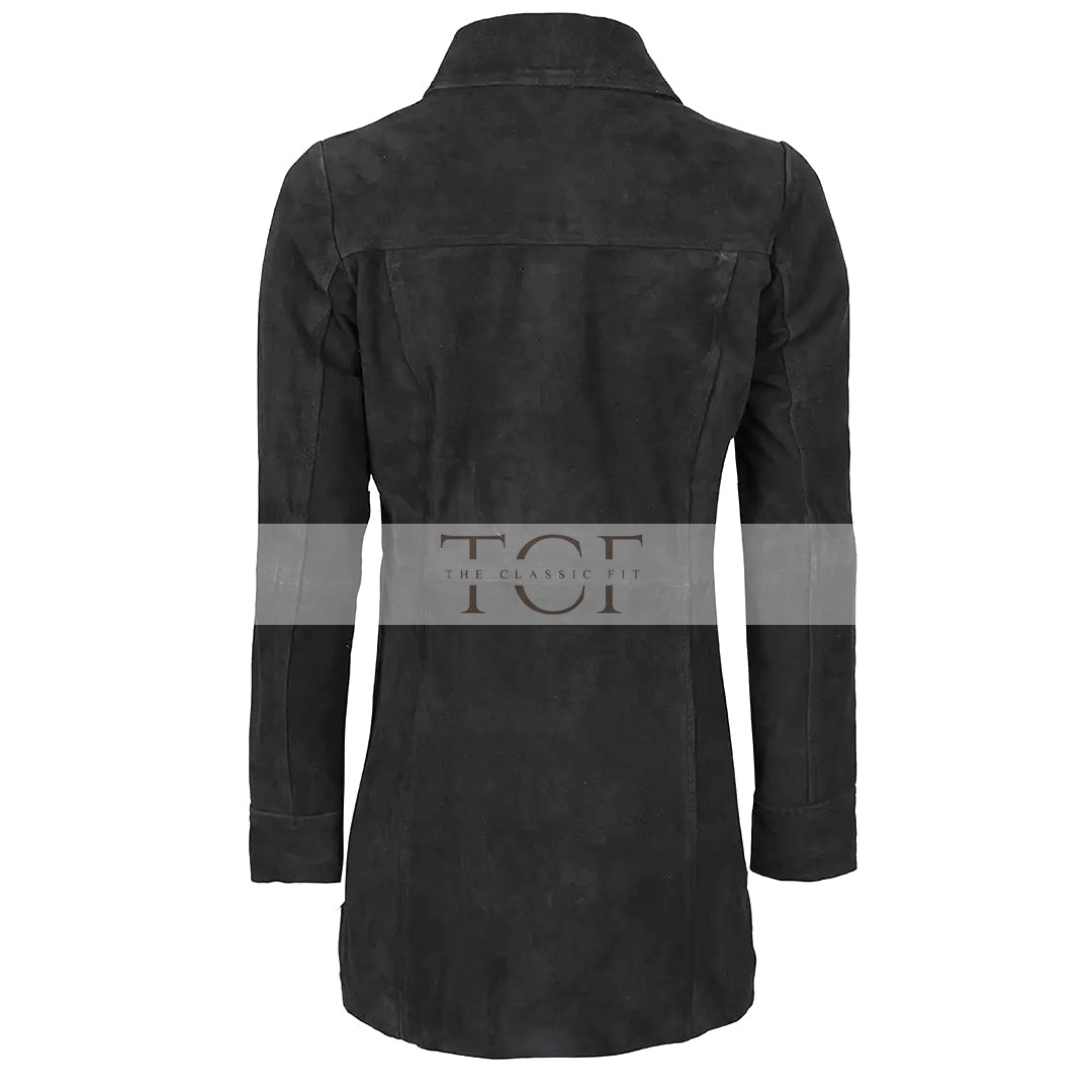 Women's Suede Leather Trench Coat Front Button | Black