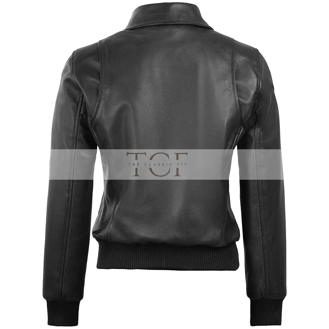 Women's Classic Leather Shirt Collar Bomber Jacket, Zip Front, Ribbed Trim | Black