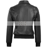 Women's Classic Leather Shirt Collar Bomber Jacket, Zip Front, Ribbed Trim | Black